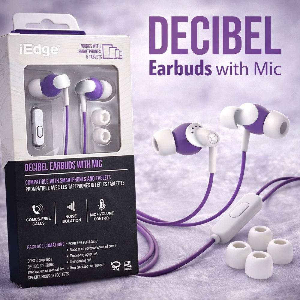 edge Purple and White Earbud Headphones with Mic
